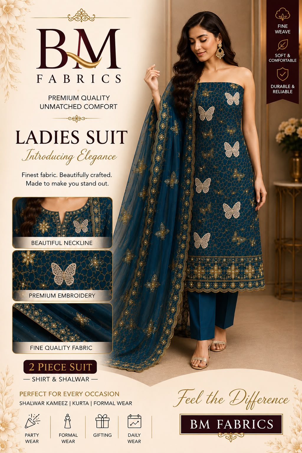 BM Fabrics Premium 2-Piece Embroidered Unstitched Suite (Shirt & Shalwar) – Article #116