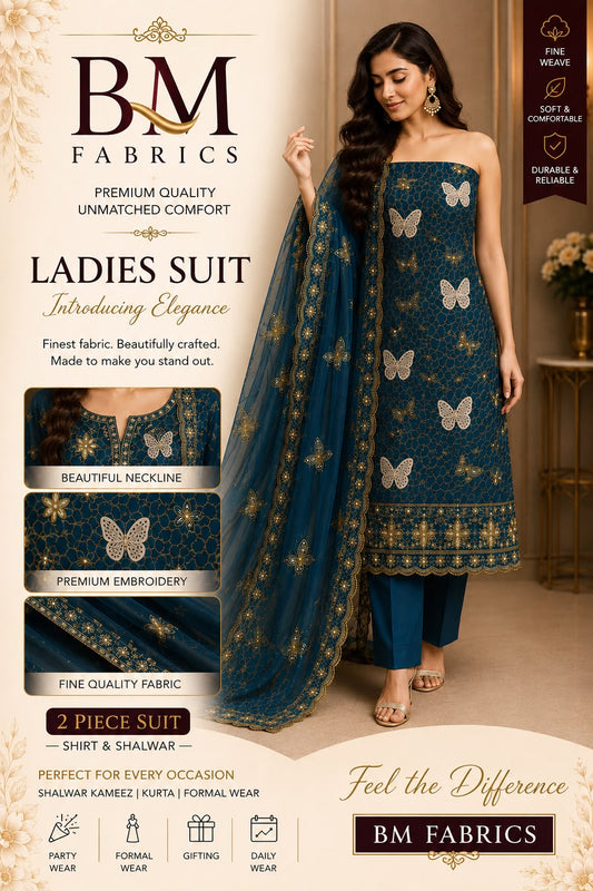 BM Fabrics Premium 2-Piece Embroidered Unstitched Suite (Shirt & Shalwar) – Article #116