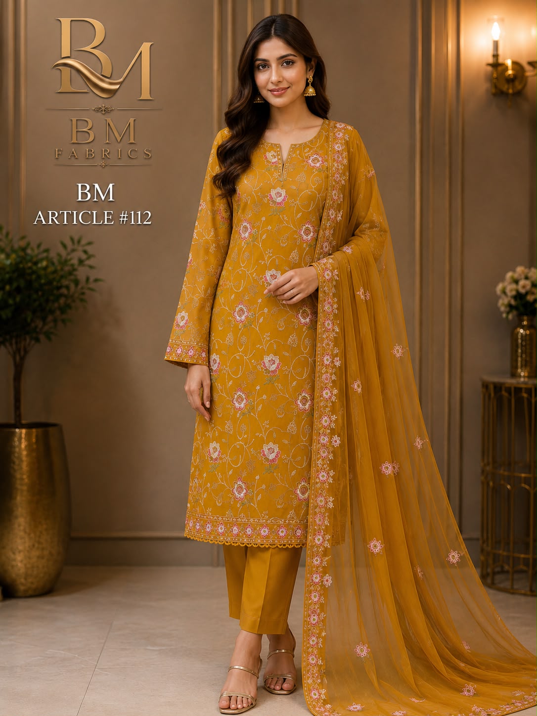 BM Fabrics Premium Embroidered 2-Piece Ladies Suit - Article #112 (Mustard Gold) - Unstitched