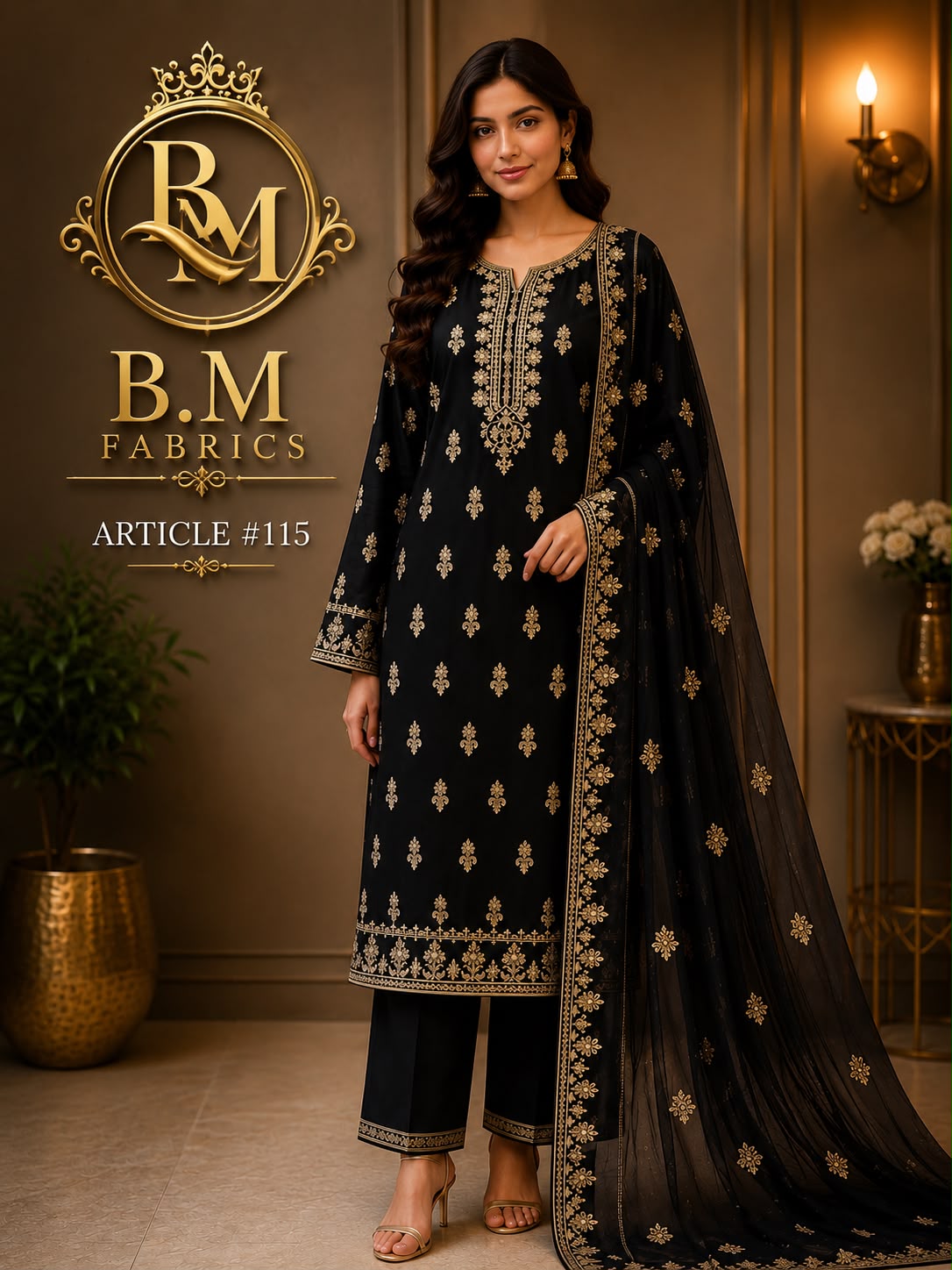 BM Fabrics Unstitched 2-Piece Embroidered Cotton/Lawn Suit – Article #115 (Black & White Design)