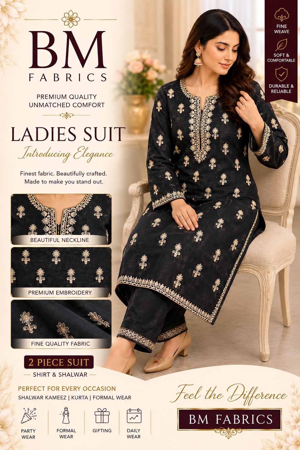 BM Fabrics Unstitched 2-Piece Embroidered Cotton/Lawn Suit – Article #115 (Black & White Design)