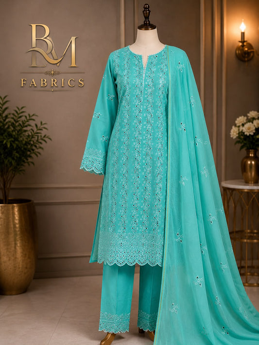 BM Fabrics Unstitched 2-Piece Embroidered Cotton Suit – Article #117 (Teal Blue)