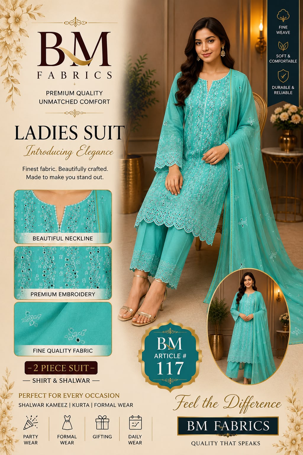 BM Fabrics Unstitched 2-Piece Embroidered Cotton Suit – Article #117 (Teal Blue)