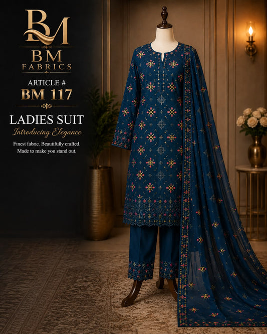 BM Fabrics Premium Embroidered 2-Piece Unstitched Ladies Suit – BM 117 (Deep Teal Blue)