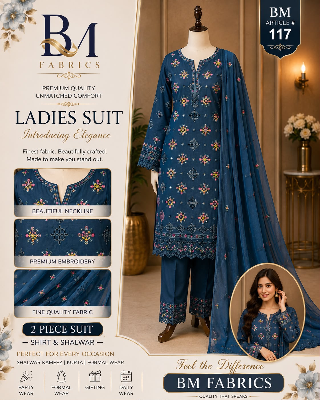 BM Fabrics Premium Embroidered 2-Piece Unstitched Ladies Suit – BM 117 (Deep Teal Blue)