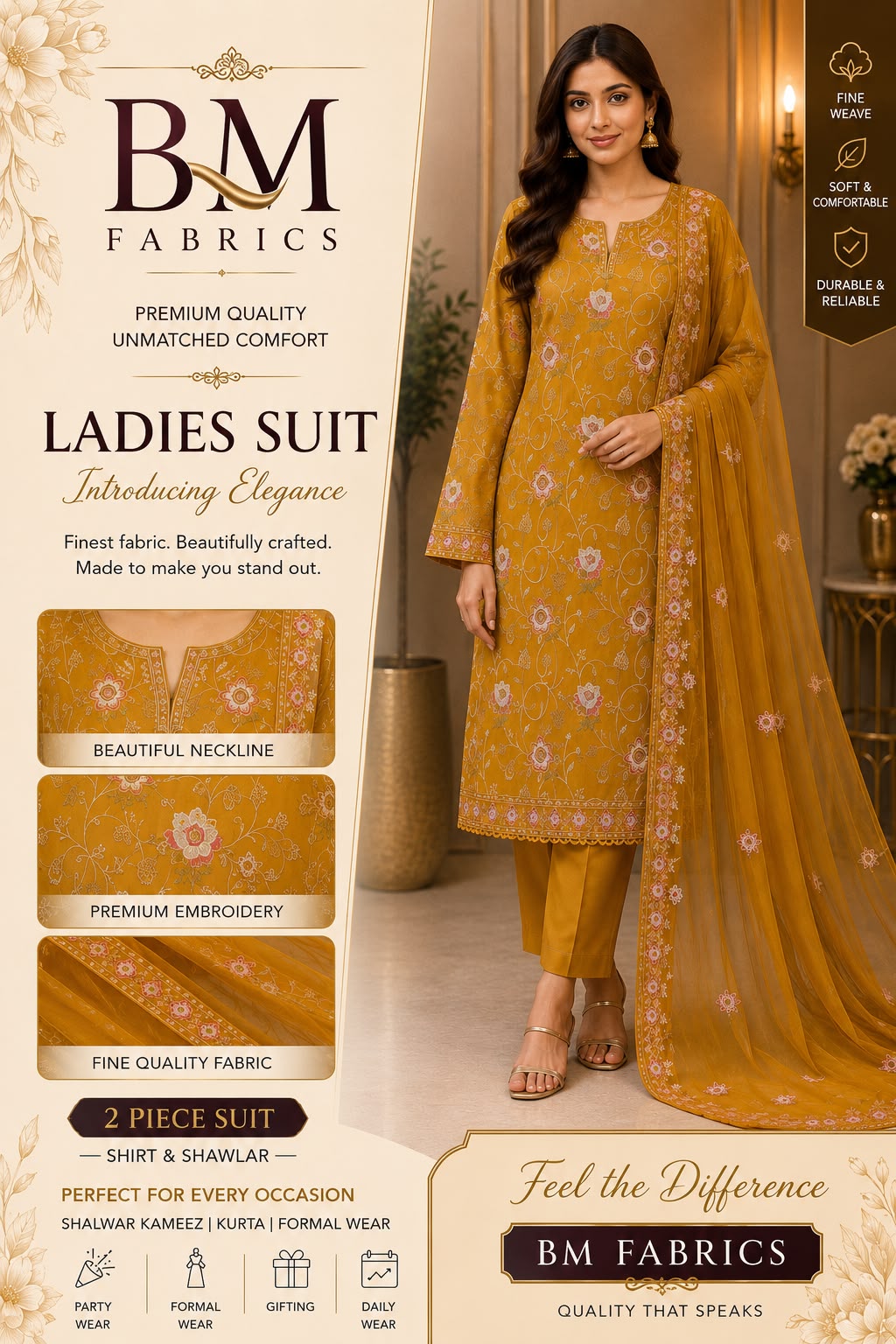 BM Fabrics Premium Embroidered 2-Piece Ladies Suit - Article #112 (Mustard Gold) - Unstitched