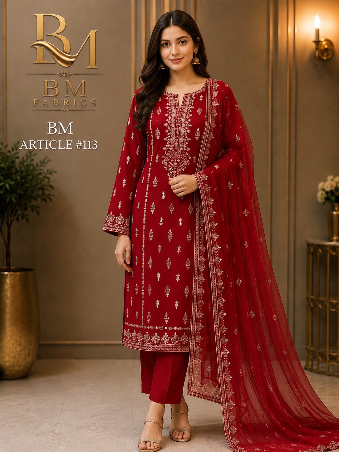 BM Fabrics Premium Embroidered 2-Piece Ladies Suit – Article #113 (Crimson Red) - Unstitched