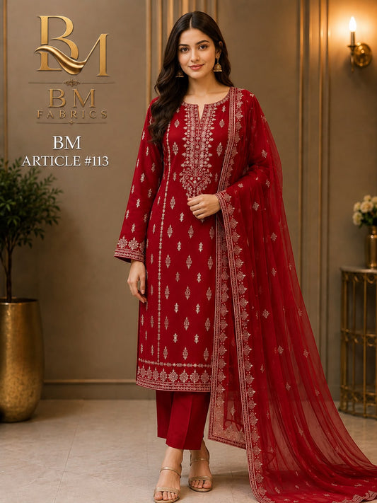 BM Fabrics Premium Embroidered 2-Piece Ladies Suit – Article #113 (Crimson Red) - Unstitched