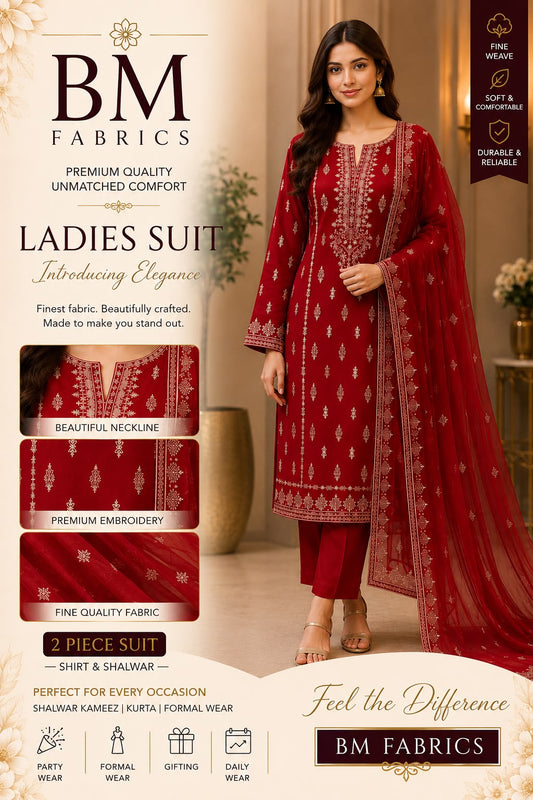 BM Fabrics Premium Embroidered 2-Piece Ladies Suit – Article #113 (Crimson Red) - Unstitched