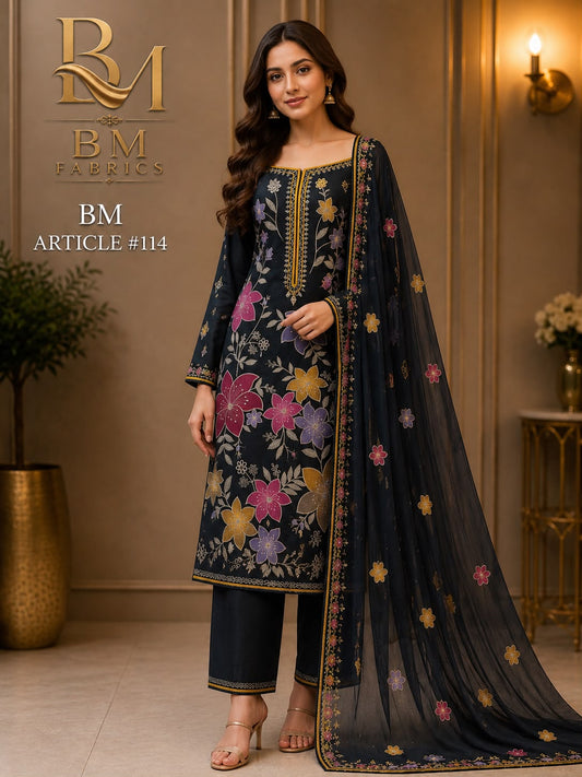 BM Fabrics Premium Embroidered 2-Piece Ladies Suit – Article #114 (Black) - Unstitched