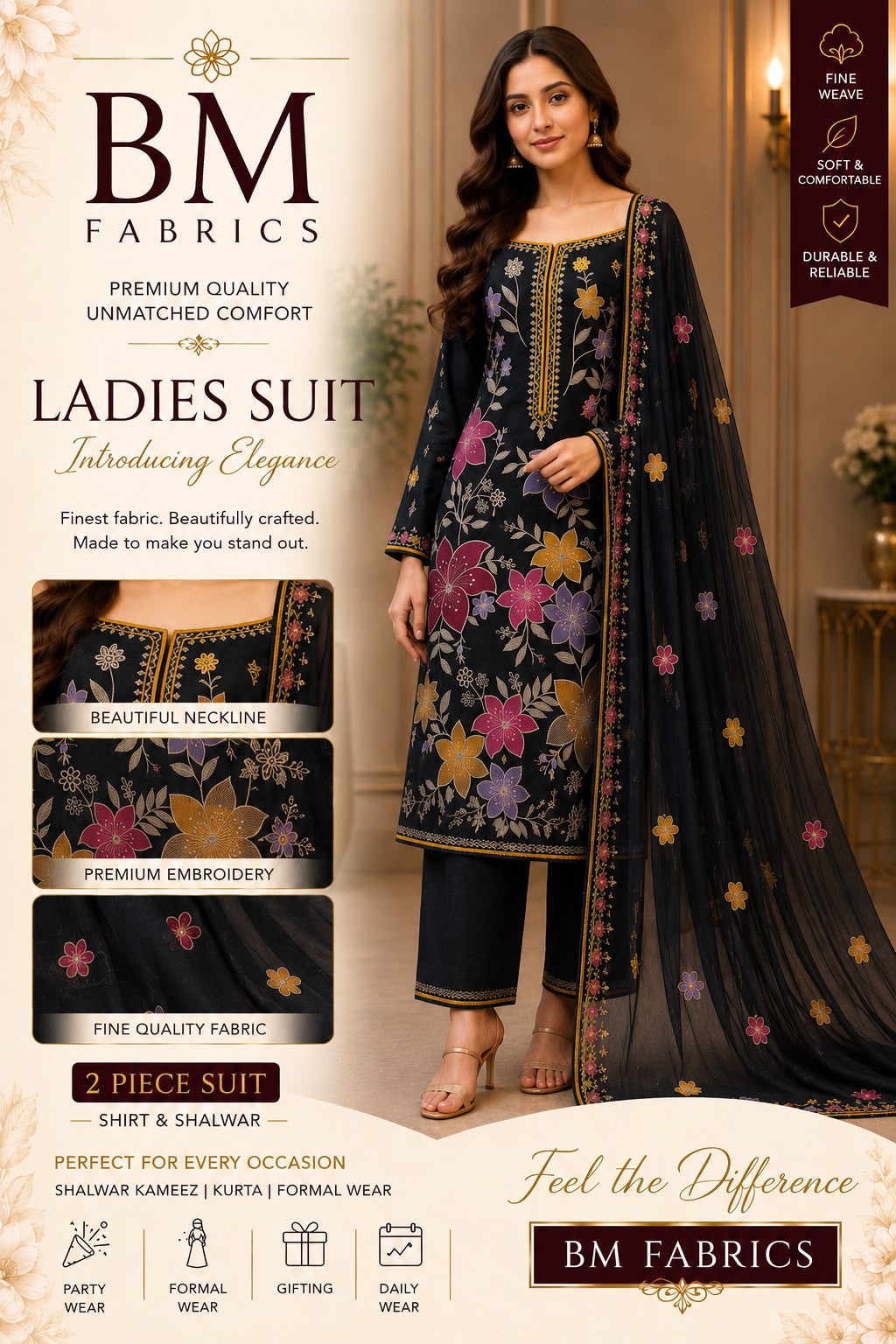 BM Fabrics Premium Embroidered 2-Piece Ladies Suit – Article #114 (Black) - Unstitched