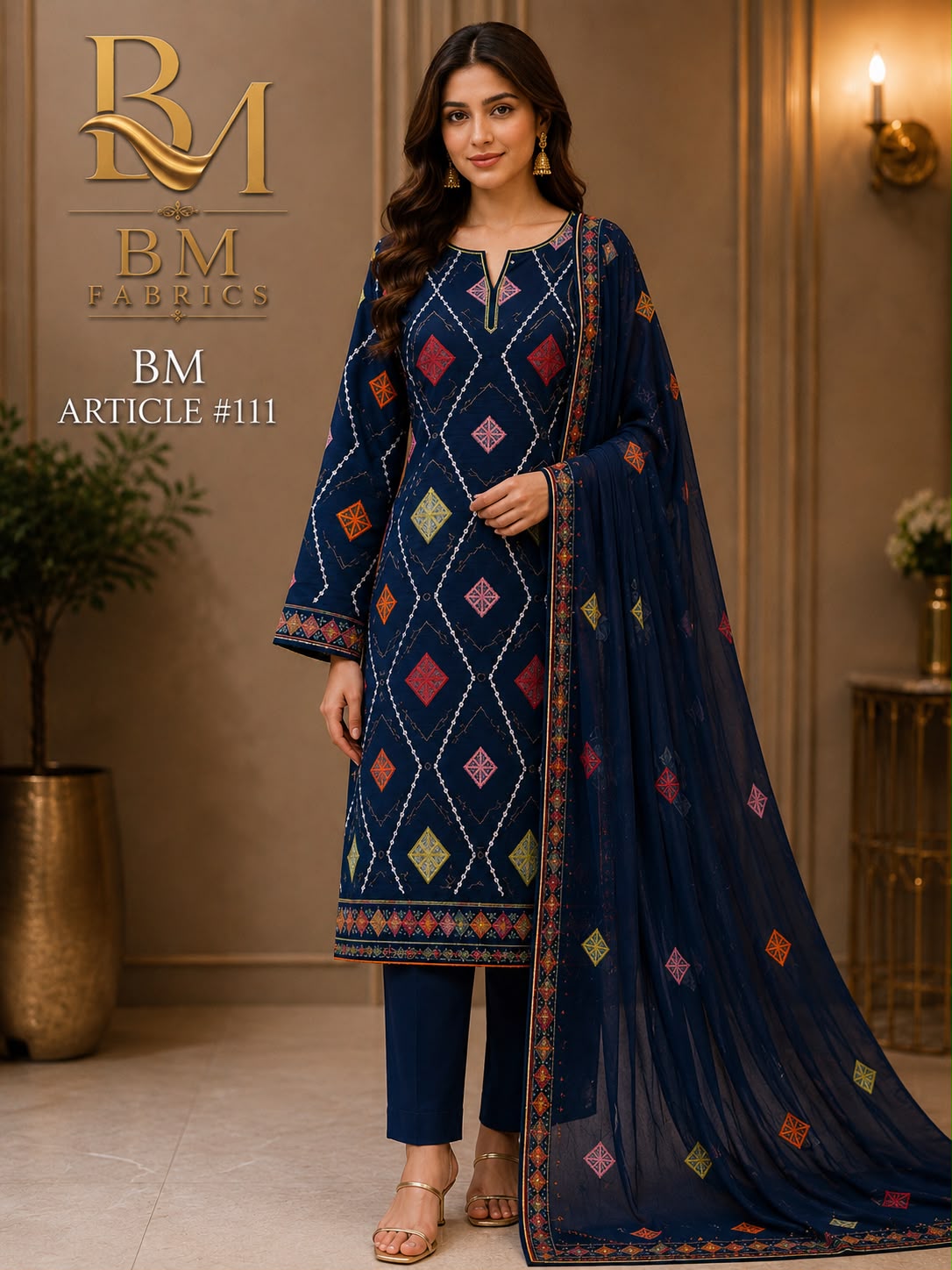 BM Fabrics - Article #111 | Premium 2-Piece Embroidered Unstitched Suite (Navy Blue)