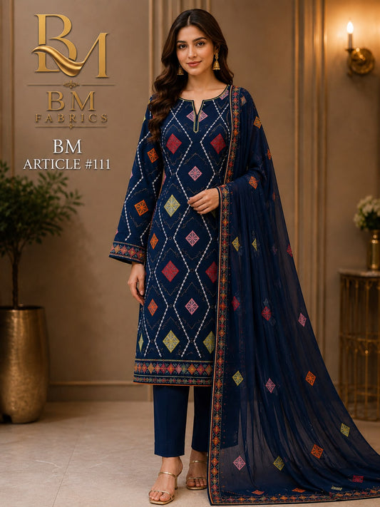 BM Fabrics - Article #111 | Premium 2-Piece Embroidered Unstitched Suite (Navy Blue)