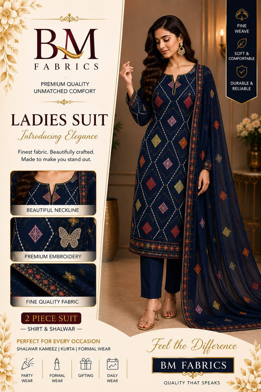 BM Fabrics - Article #111 | Premium 2-Piece Embroidered Unstitched Suite (Navy Blue)