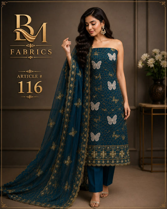 BM Fabrics Premium 2-Piece Embroidered Unstitched Suite (Shirt & Shalwar) – Article #116